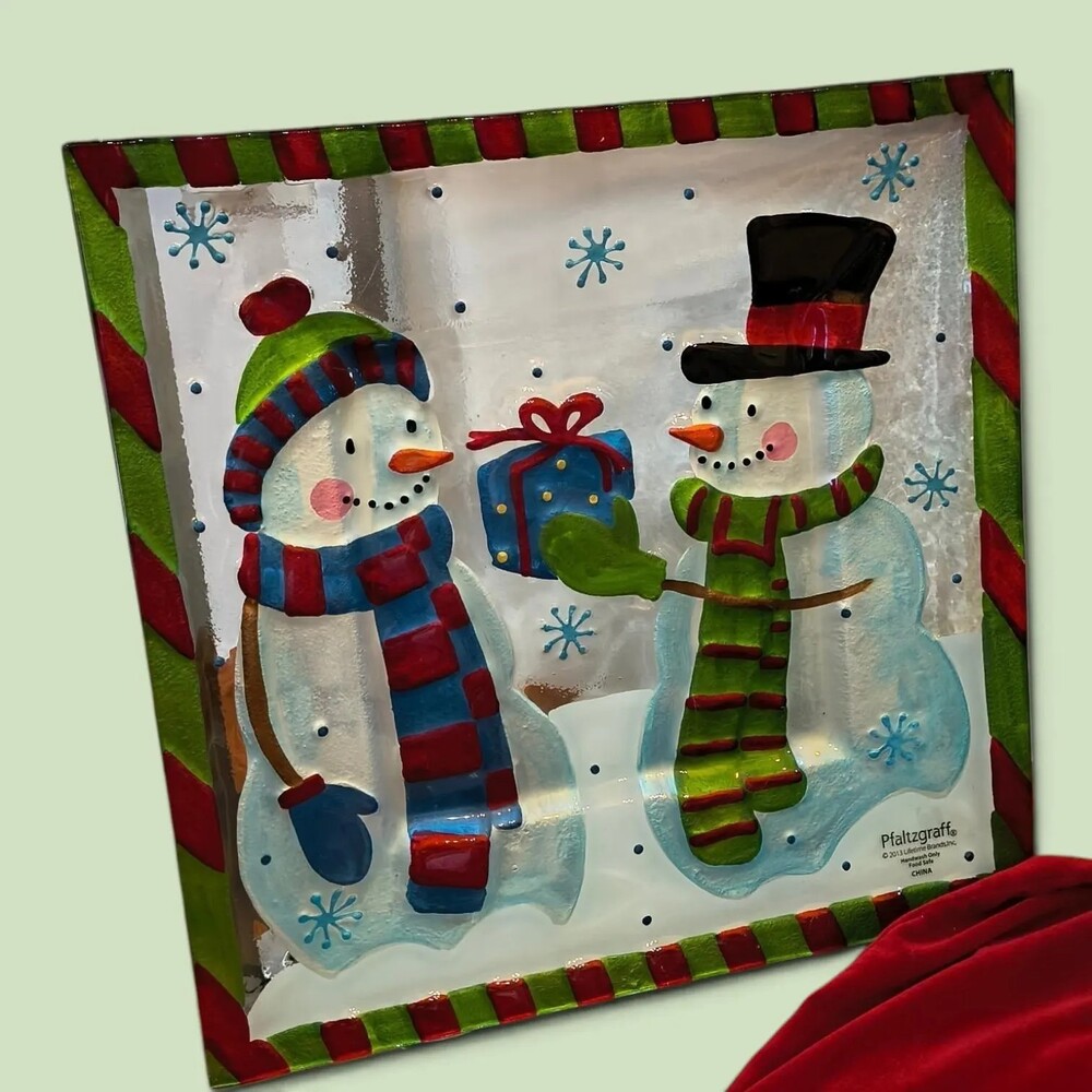 Snowmen Christmas Glass Square Platter with Red Velvet Display Cloth